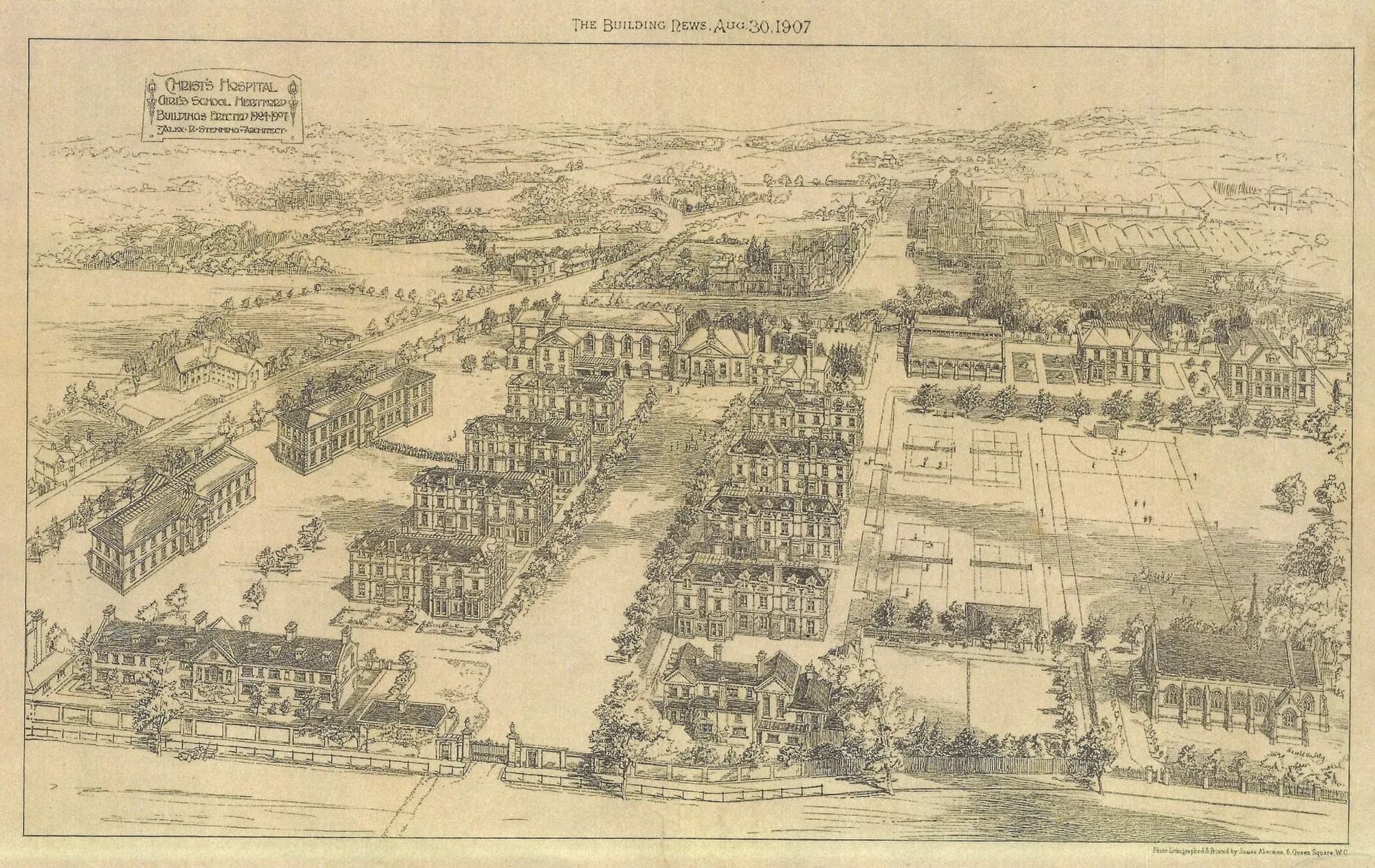 Bird's-eye illustration of Christ's Hospital, Hertford, published in 1907