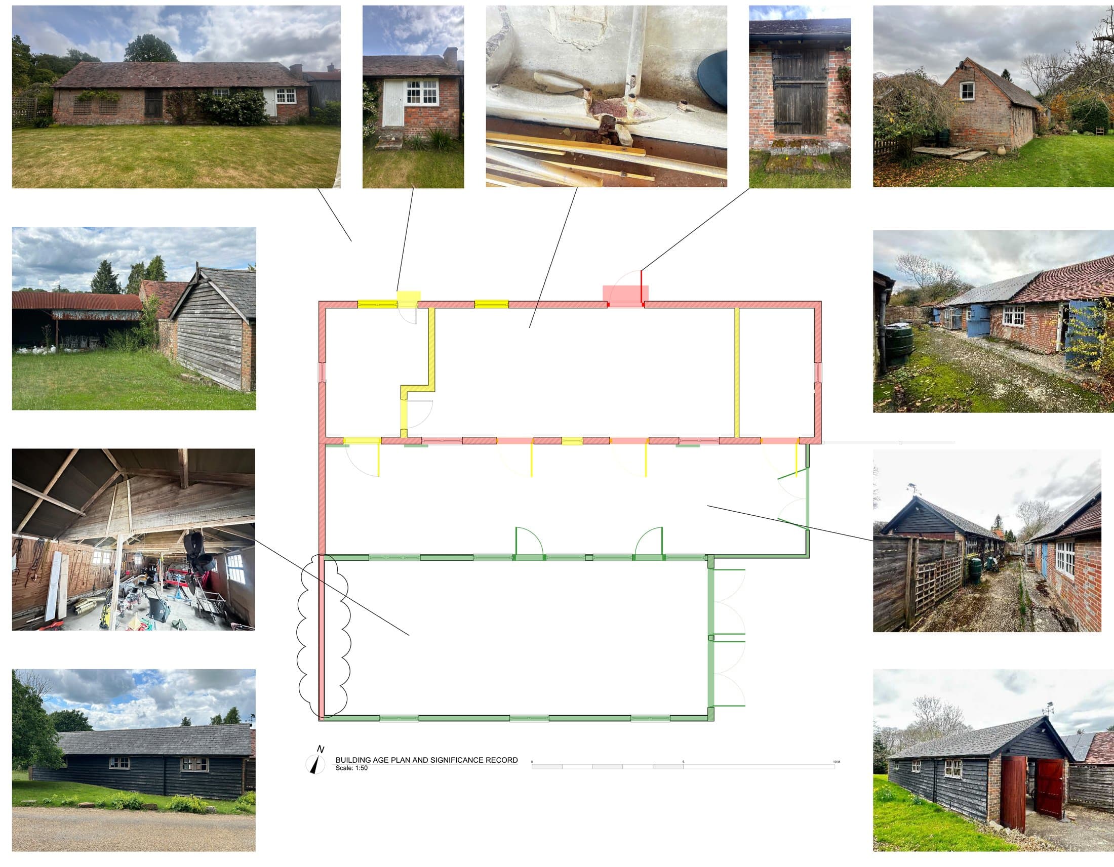 Plan of the barn and garage with walls coloured by age, surrounded by photographs of each elevation and detail