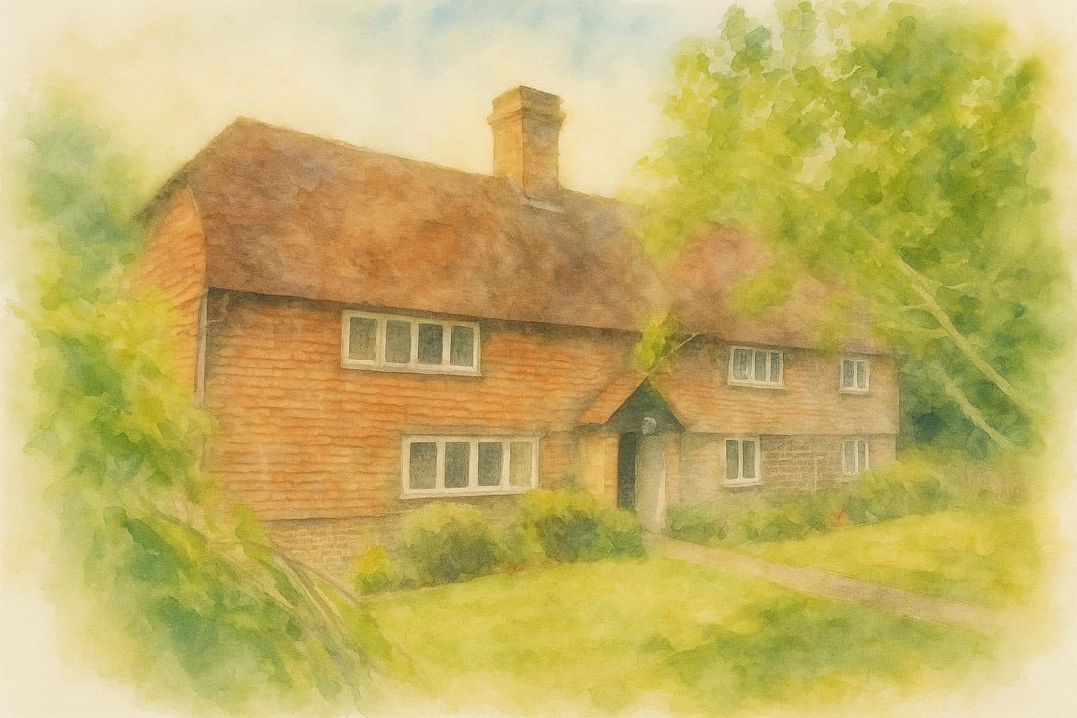 Watercolour of a tile-hung farmhouse with a central chimney, framed by trees and lawn
