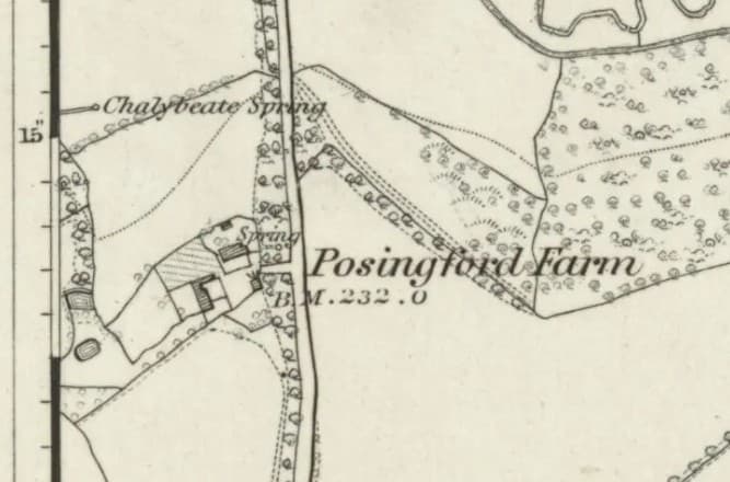 Extract of a nineteenth-century Ordnance Survey map showing Posingford Farm and a chalybeate spring