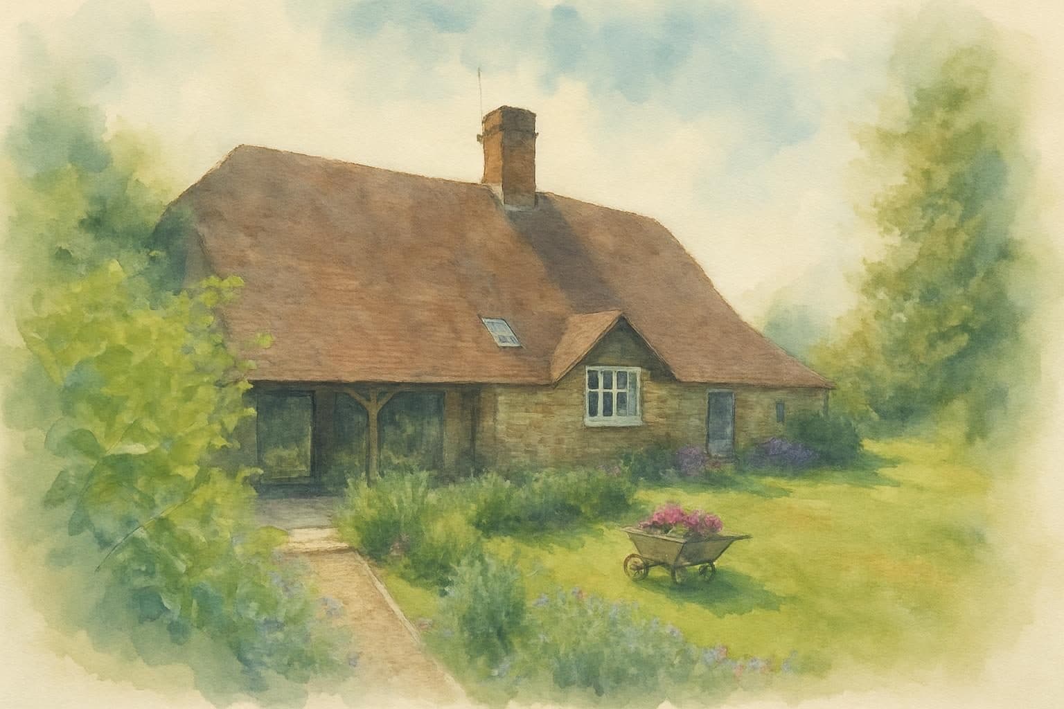 Watercolour of a single-storey brick outbuilding with a tiled roof and chimney in a flowering garden