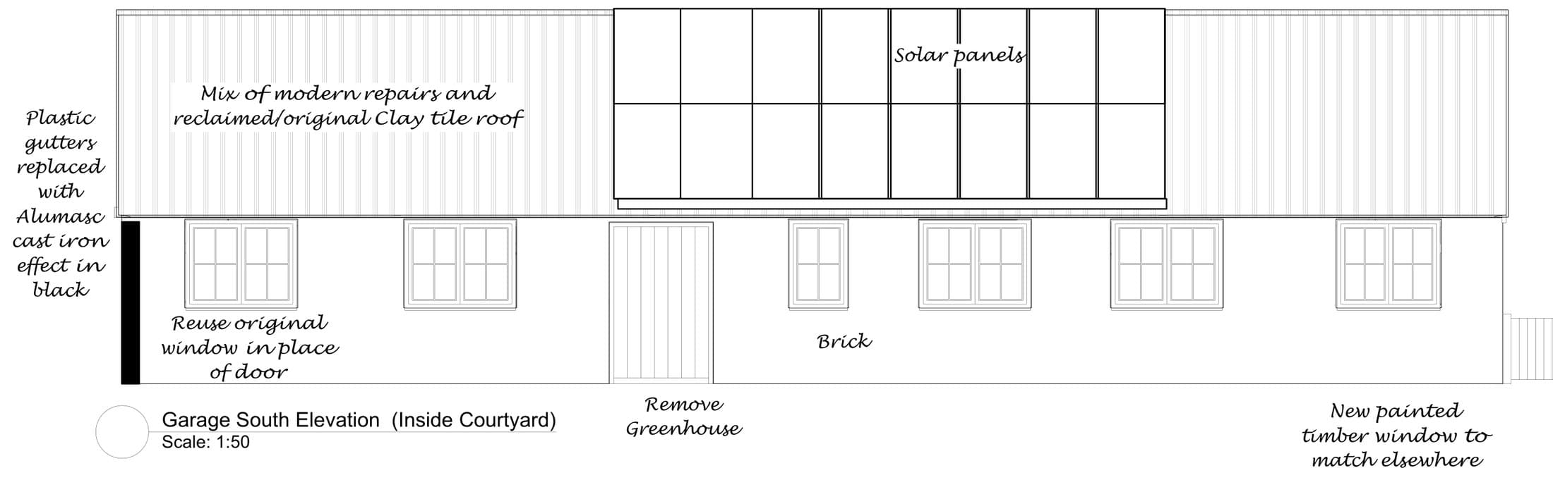Architectural elevation drawing of the barn's courtyard side with new painted timber windows