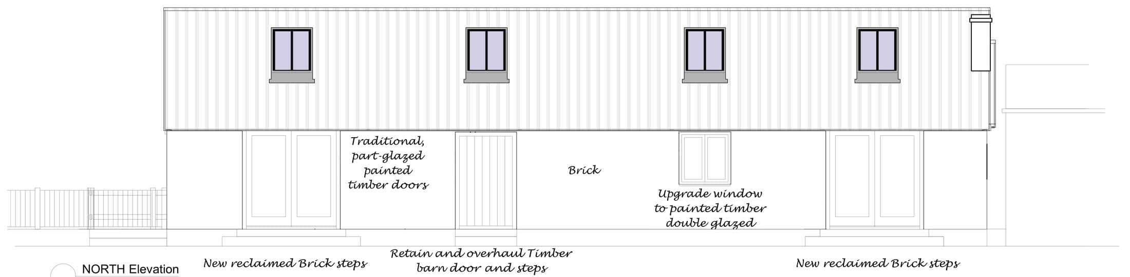 Architectural elevation drawing of the barn's north side with conservation rooflights, timber doors and brick steps