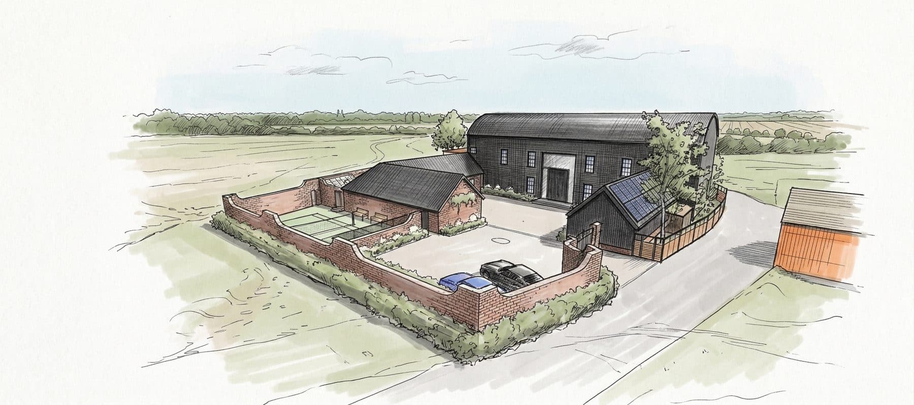 Hand-drawn aerial sketch of the barn and its courtyard, walled garden and outbuildings