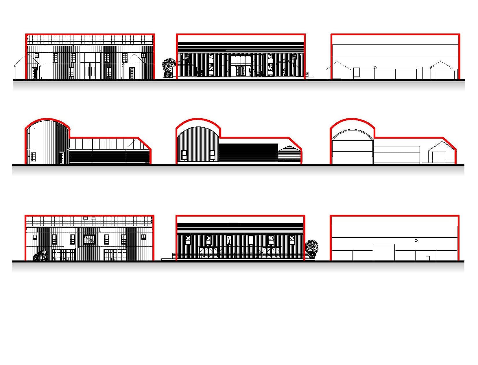 Architectural elevation drawings comparing the existing, consented and proposed versions of the barn