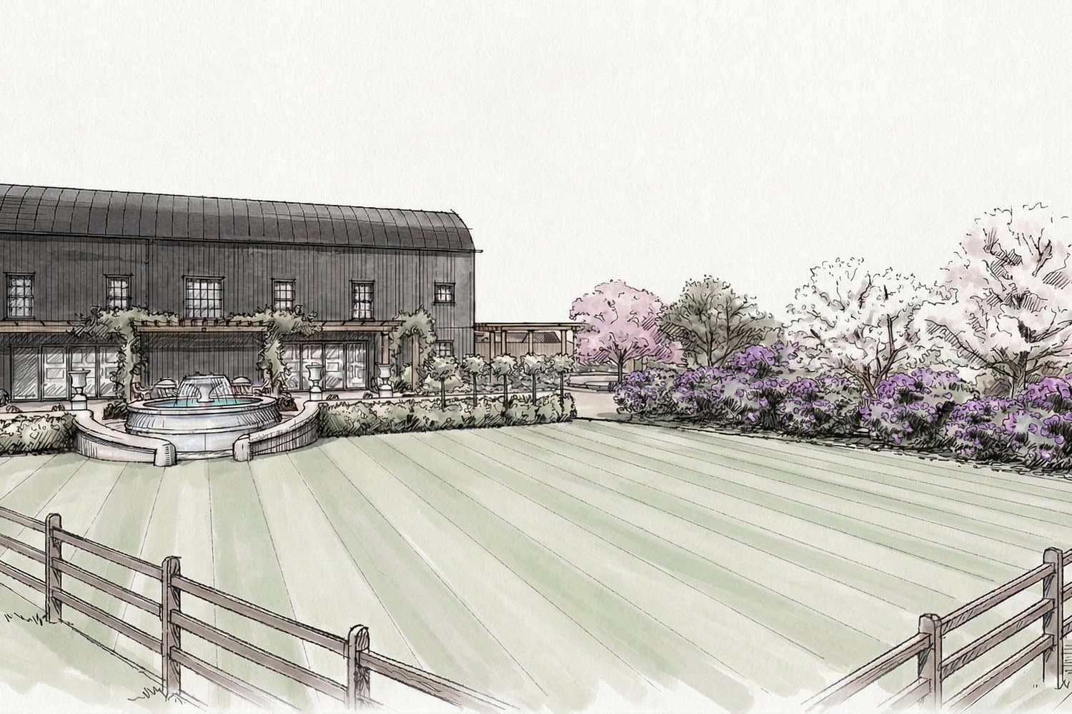 Hand-drawn view across a striped lawn to the rear of the barn, with blossom and flowering borders