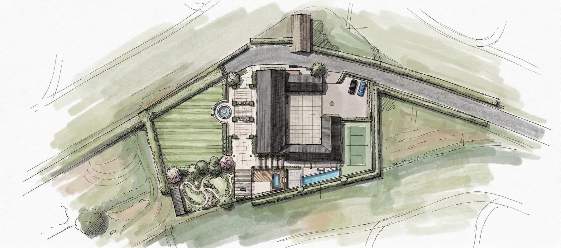Hand-rendered aerial site plan showing the barn, swimming pool, tennis court, orchard and gardens