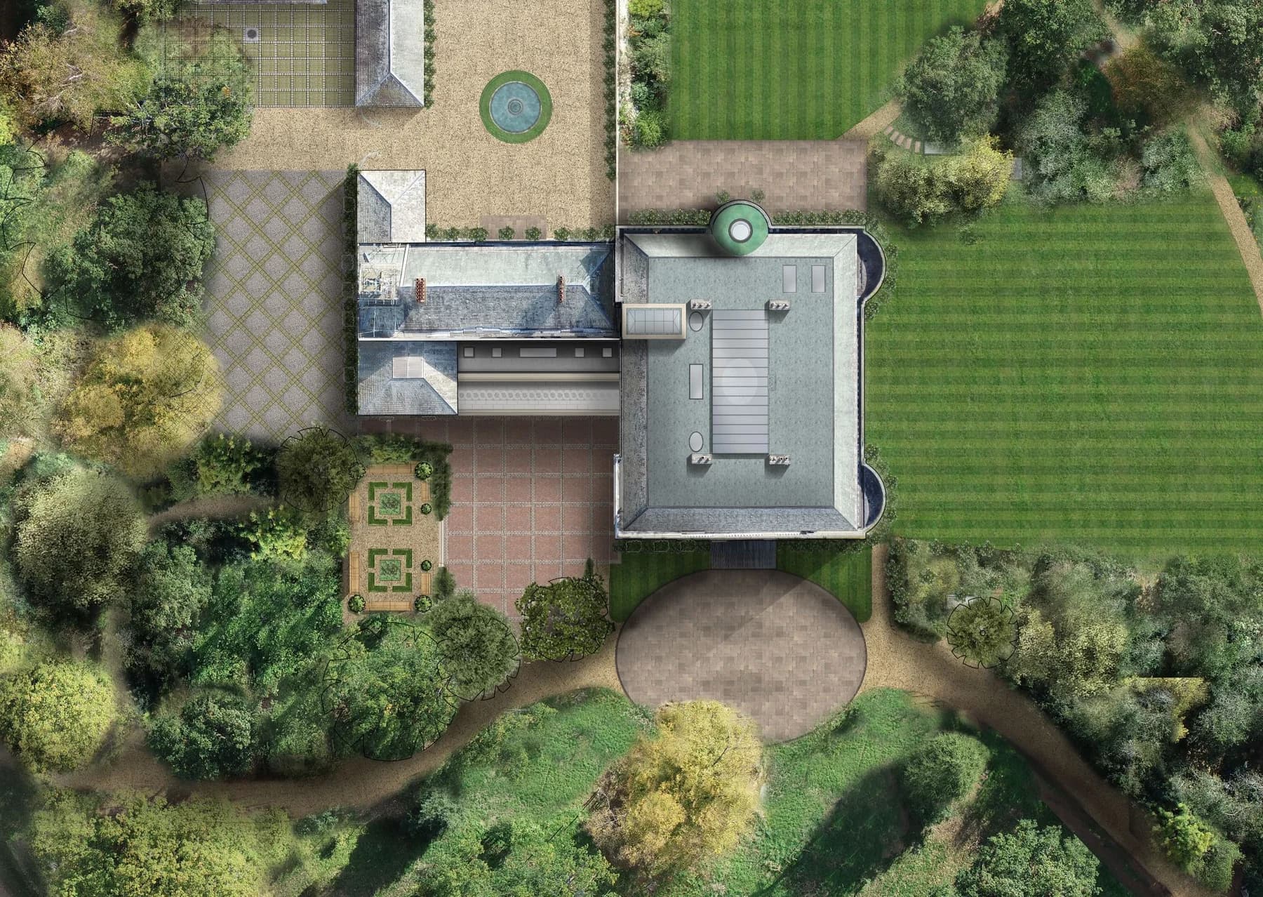 Overhead architectural visualisation of the house, roof and landscaped surroundings