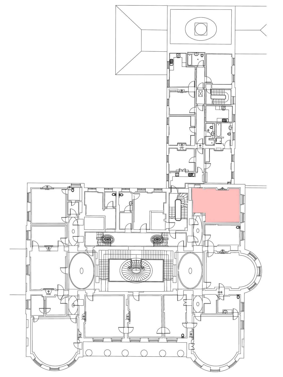 Floor plan of the house, with its curved bays, central oval stair and service wing, and one room shaded