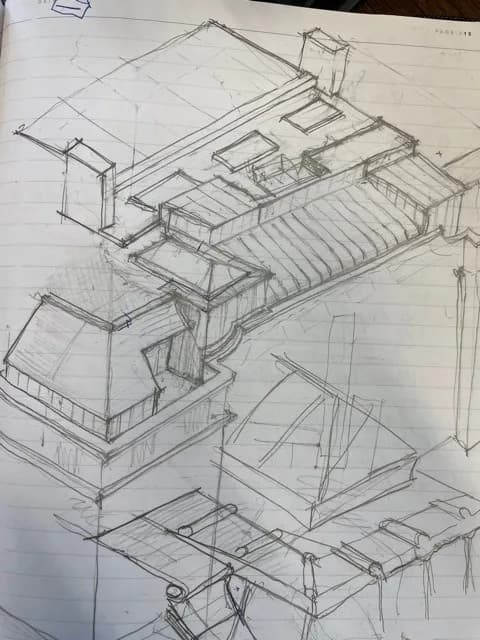 Pencil axonometric study of roof planes, chimney stacks and a raised lantern, drawn on lined paper