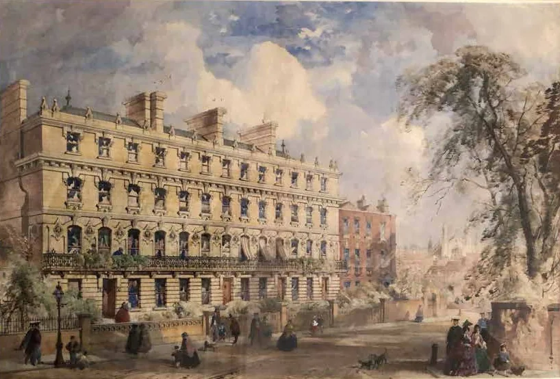 A watercolour of a stucco terrace with tall chimney stacks along its roofline, trees at the right and figures in the street below