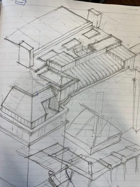 A pencil axonometric drawing of roof planes, a raised lantern and several square chimney stacks, drawn on lined paper